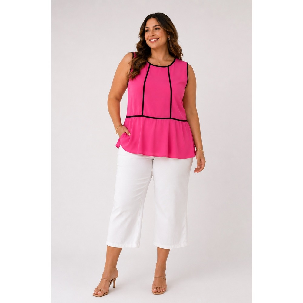 Soprano Hot Pink Peplum Blouse Sleeveless Black Piping‎ Back Zip Top Made in USA